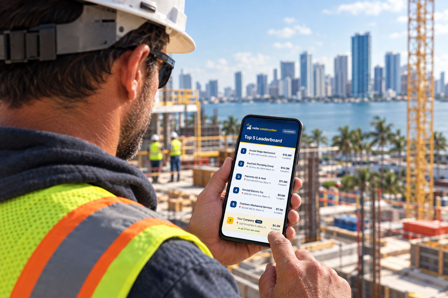 Contractor on a job site reviewing the weekly Top 5 leaderboard on his phone
